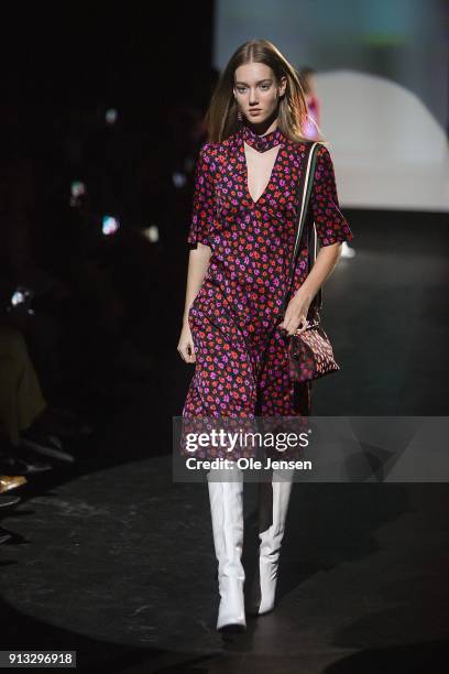 Model walks the runway at the Baum und Pferdgarten show during the Copenhagen Fashion Week Autumn/Winter18 on February 1, 2018 in Copenhagen, Denmark.