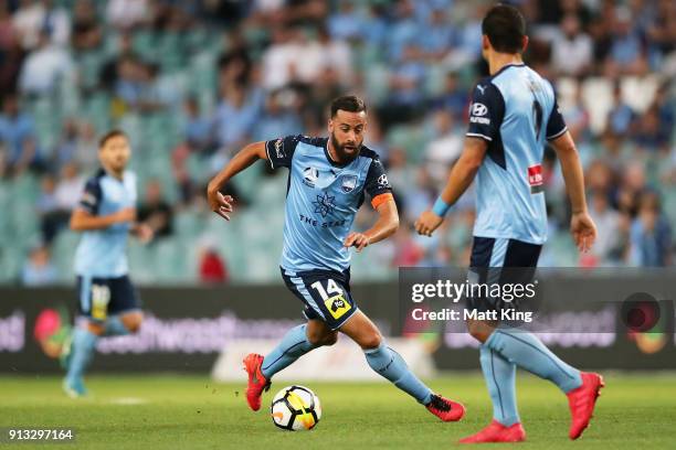 Alex Brosque of Sydney FC controls the ball during the round 19 A-League match between Sydney FC and the Wellington Phoenix at Allianz Stadium on...