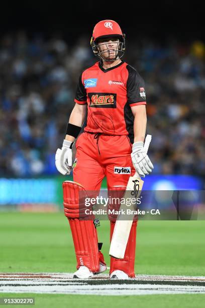 Marcus Harris of the Melbourne Renegades after being caught by Jake Weatherald of the Adelaide Strikers during the Big Bash League match between the...