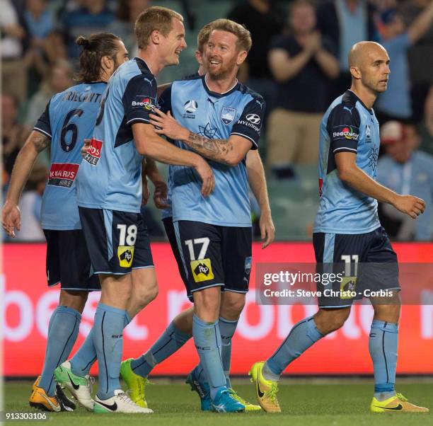 David Carney of Sydney FC celebrates his goal during the round 19 A-League match between Sydney FC and the Wellington Phoenix at Allianz Stadium on...