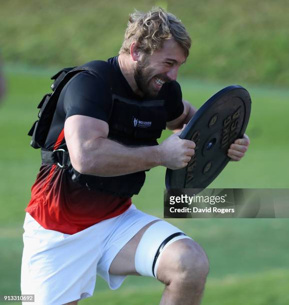 Chris Robshaw carries a weight during the England training session held at Pennyhill Park on February 2, 2018 in Bagshot, England.