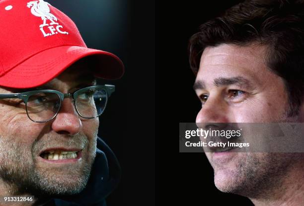 In this composite image a comparision has been made between Jurgen Klopp manager of Liverpool and Mauricio Pochettino, Manager of Tottenham Hotspur....