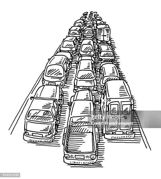 traffic jam three lane highway drawing - roadblock stock illustrations