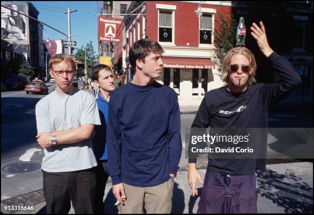 Foo Fighters, group portrait on West Broadway, New York 18 September 1999. L-R Nate Mendel, Chris Shiflett, Dave Grohl, Taylor Hawkins.