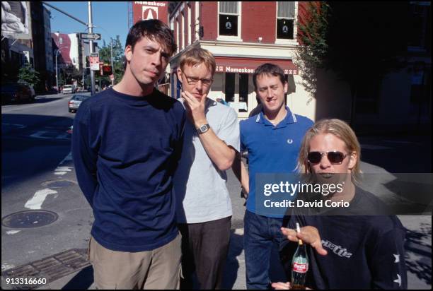 Foo Fighters, group portrait on West Broadway, New York 18 September 1999. L-R Dave Grohl, Nate Mendel, Chris Shiflett, Taylor Hawkins.