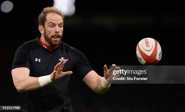 Wales captain Alun Wyn Jones in action during the captain's run ahead of their opening Six Nations match against Scotland at Principality Stadium on...