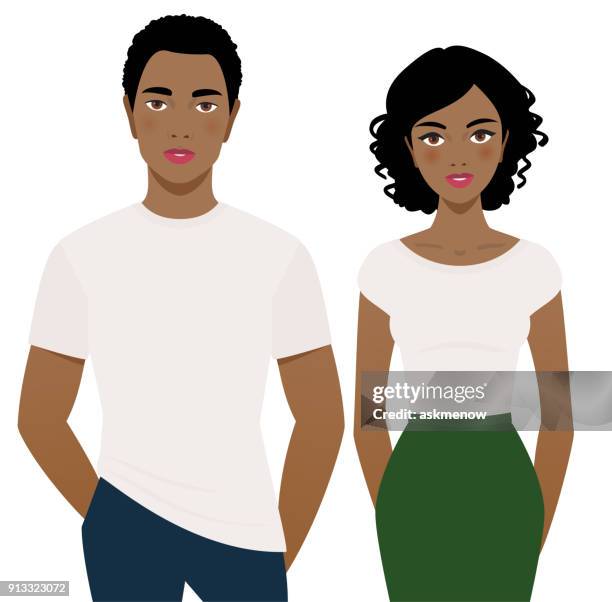 young man and woman in white t-shirts - curly hair stock illustrations