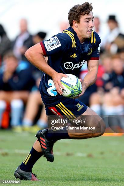 Josh McKay of the Highlanders runs the ball during the Super Rugby pre-season match between the Highlanders and the Waratahs on February 2, 2018 in...