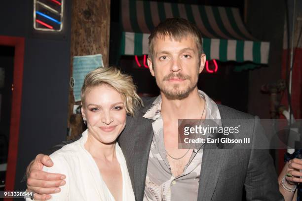 Kristin Lehman and Joel Kinnaman attend the Premiere Of Netflix's "Altered Carbon" After Party at Mack Sennett Studios on February 1, 2018 in Los...