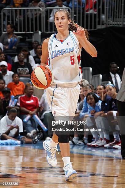 Shalee Lehning of the Atlanta Dream drives the ball up court during the WNBA game against the Connecticut Sun on September 11, 2009 at Philips Arena...