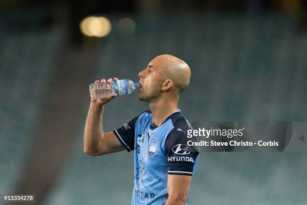 Adrian Mierzejewski of Sydney FC has a drink during the round 19 A-League match between Sydney FC and the Wellington Phoenix at Allianz Stadium on...