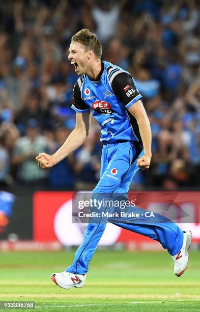 Ben Laughlin of the Adelaide Strikers celebrates bowling the last ball to win the game during the Big Bash League match between the Adelaide Strikers...