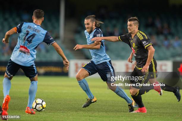 Joshua Brillante of Sydney FC runs onto a pass from Alex Brosque during the round 19 A-League match between Sydney FC and the Wellington Phoenix at...