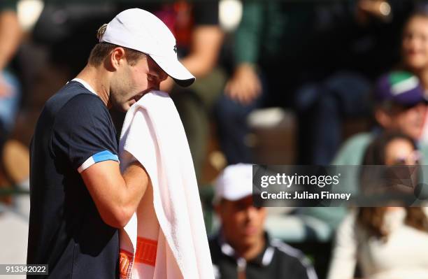 Liam Broady of Great Britain looks down in his match against Albert Ramos-Vinolas of Spain during day one of the Davis Cup World Group first round...