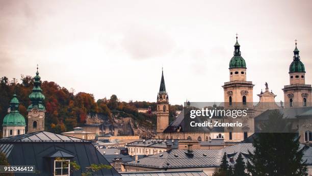 aerial view from the roof of hohensalzburg fortress in the city of salzburg, austria during autumn - giardini di mirabell foto e immagini stock