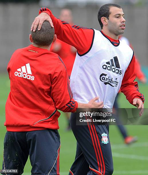 Javier Mascherano and Jay Spearing during a Liverpool Training session at Melwood on October 2, 2009 in Liverpool, England.