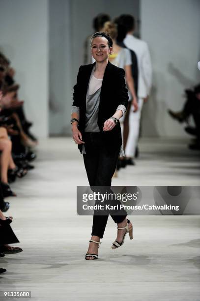 Designer Clare Waight Keller walks down the catwalk during the Pringle of Scotland fashion show as part of London Fashion Week Spring/Summer 2010 on...