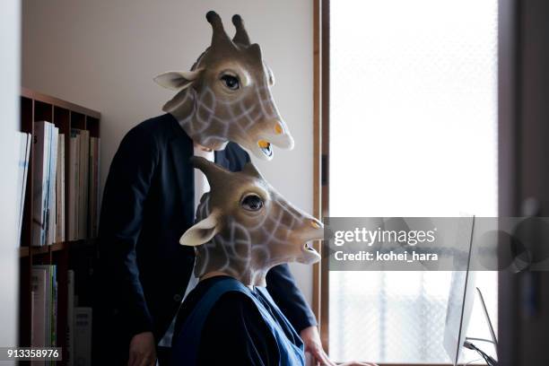 giraffe leitet, mann und frau von zu hause aus arbeiten - different animals together stock-fotos und bilder