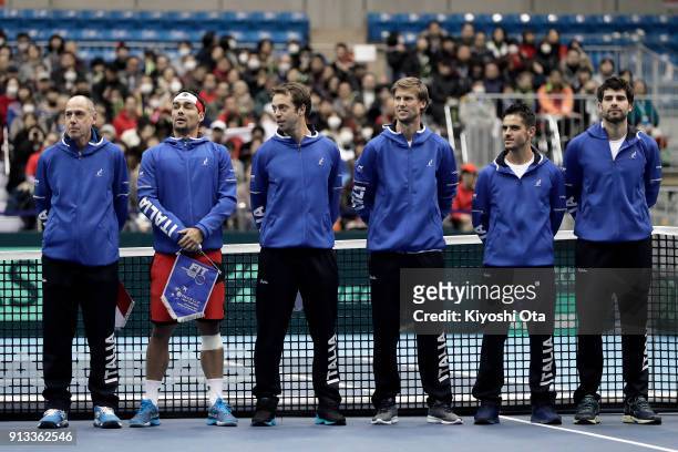 Members of the Italy Davis Cup team team captain Corrado Barazzutti, Fabio Fognini, Paolo Lorenzi, Andreas Seppi, Thomas Fabbiano and Simone Bolelli...
