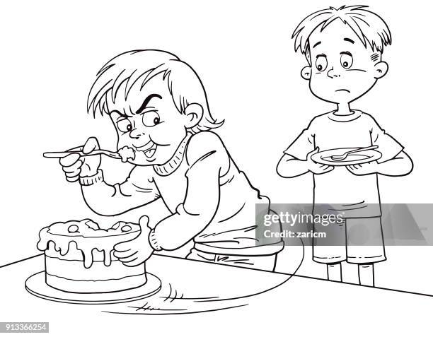 greedy cartoon boy not wanting to share his cake - selfishness stock illustrations