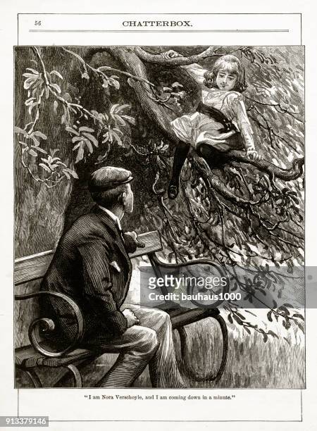 predator talking to a young girl victorian engraving - stranger stock illustrations