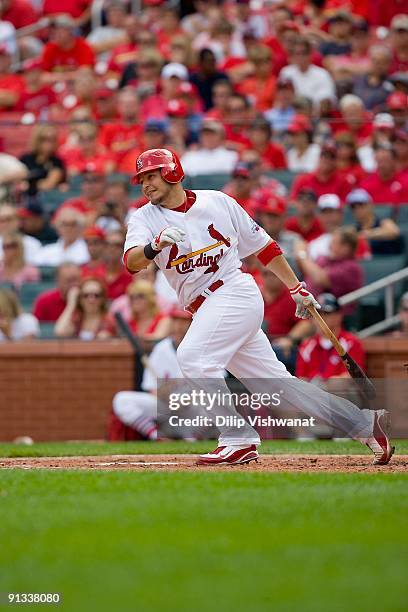 Yadier Molina of the St. Louis Cardinals bats against the Florida Marlins on September 16, 2009 at Busch Stadium in St. Louis, Missouri.