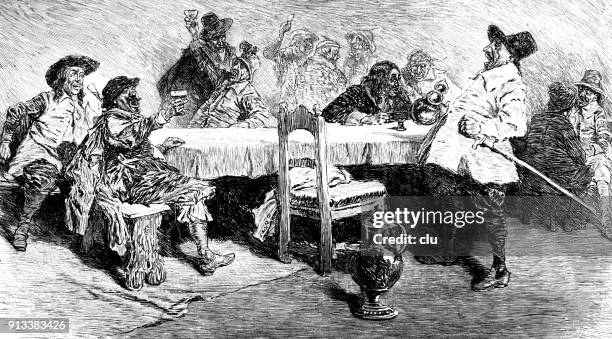 men sitting and standing at restaurant table drinking and celebrating - antiguidade stock illustrations