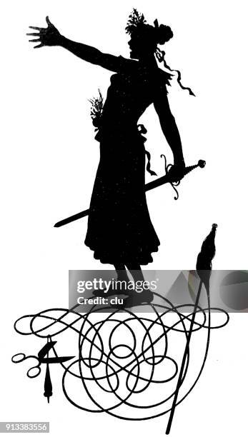 silhouette of shakespeare midsummer night's dream, woman with sword - antiguidade stock illustrations