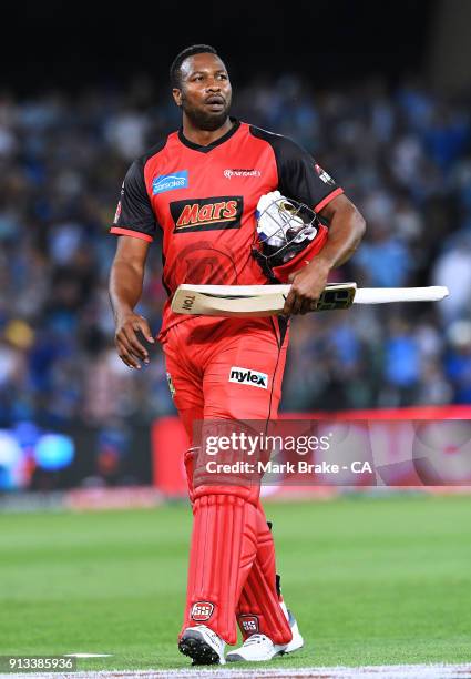 Kieron Pollard of the Melbourne Renegades after missing the last ball during the Big Bash League match between the Adelaide Strikers and the...