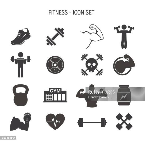 illustrazioni stock, clip art, cartoni animati e icone di tendenza di set di icone fitness - esercizio fisico