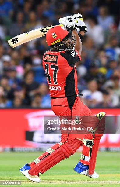 Dwayne Bravo of the Melbourne Renegades bats during the Big Bash League match between the Adelaide Strikers and the Melbourne Renegades at Adelaide...