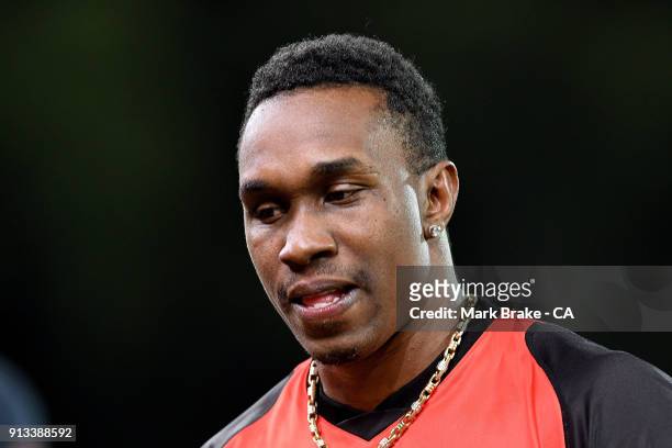 Dwayne Bravo of the Melbourne Renegades during the Big Bash League match between the Adelaide Strikers and the Melbourne Renegades at Adelaide Oval...