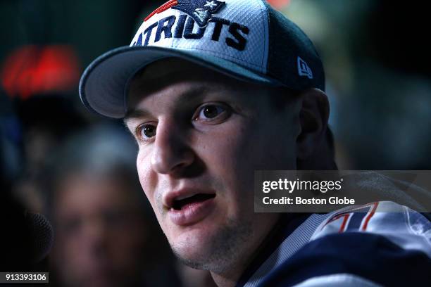 New England Patriots tight end Rob Gronkowski speaks at a press conference at the Mall of America in Bloomington, MN during the lead-up to Super Bowl...