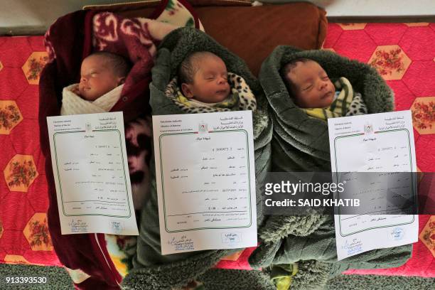 Picture taken on February 2, 2018 shows three Palestinian newborn triplets of the al-Saiqli family, named "Quds" , "Palestine", and "Capital", as...