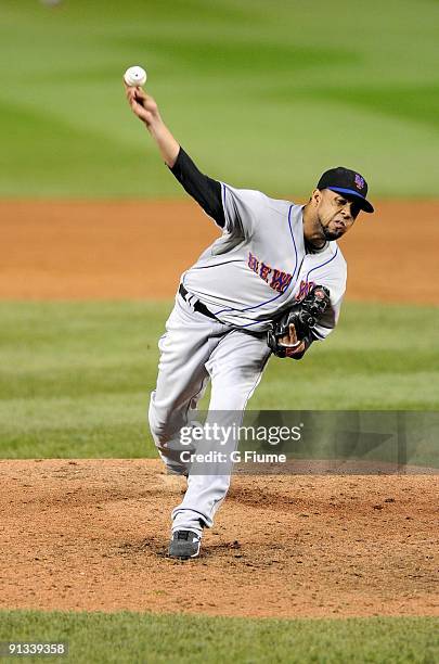 Francisco Rodriguez of the New York Mets pitches against the Washington Nationals at Nationals Park on September 30, 2009 in Washington, DC.