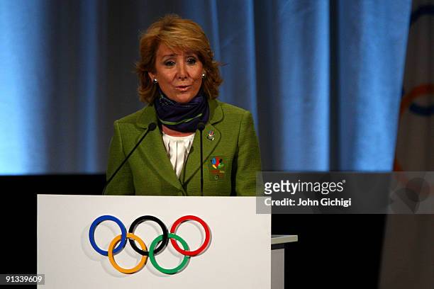 President of the Region of Madrid, Esperanza Aguirre, addresses the IOC members during the Madrid 2016 presentation on October 2, 2009 at the Bella...