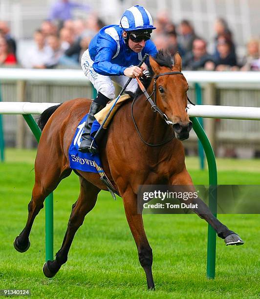 Richard Hills rides Tabassum to win The Sakhee Oh So Sharp Stakes at Newmarket Racecourse on October 2, 2009 in Newmarket, England.