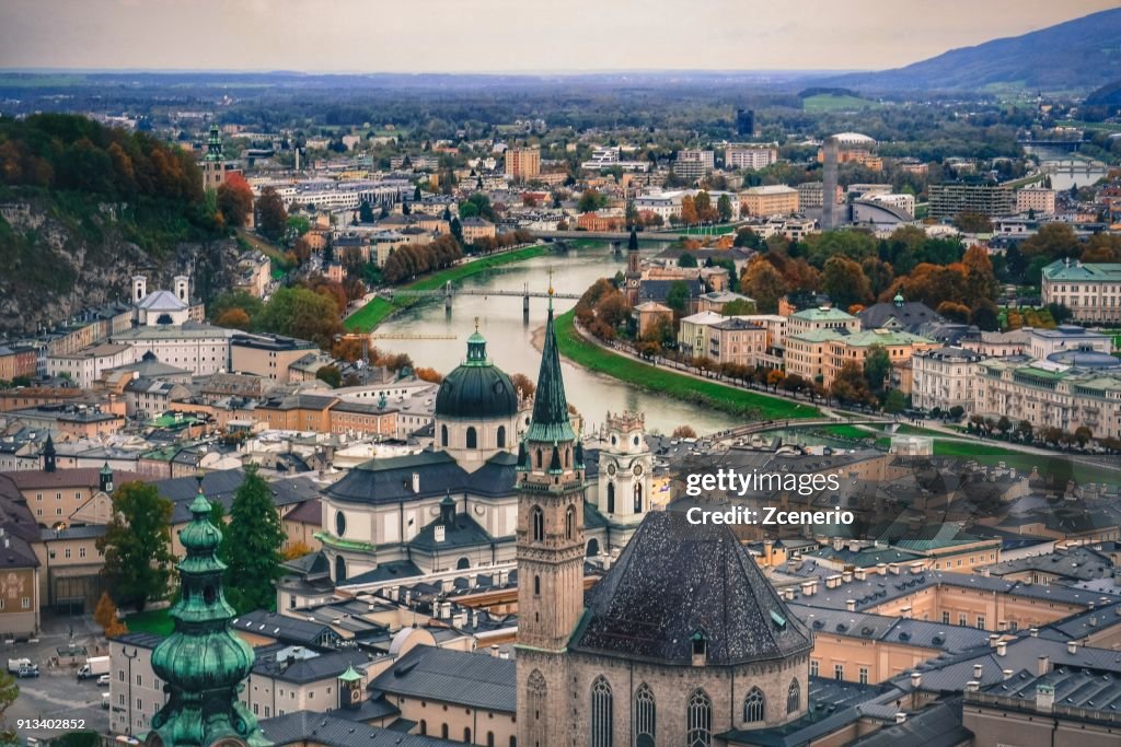 Aerial view from the roof of Hohensalzburg fortress in the city of Salzburg, Austria
