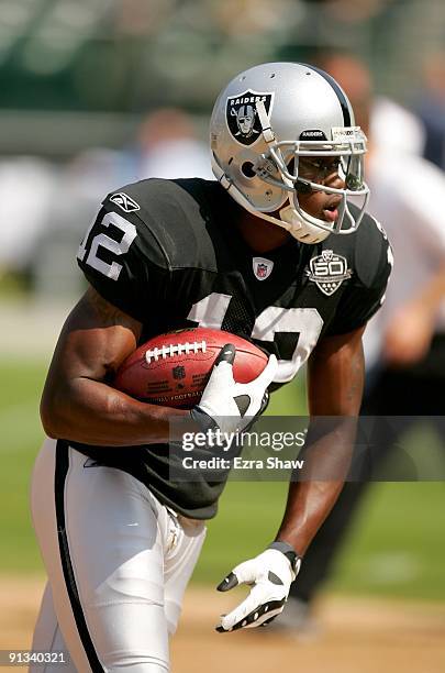 Darrius Heyward-Bey of the Oakland Raiders warms up before their game against the Denver Broncos at the Oakland-Alameda County Coliseum on September...