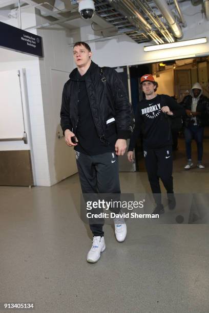 Timofey Mozgov of the Brooklyn Nets arrives at the arena before the game against the Minnesota Timberwolves on January 27, 2018 at Target Center in...