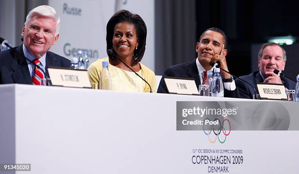 Patrick G. Ryan, chairman and CEO of Chicago 2016, U.S. First lady Michelle Obama, U.S. President Barack Obama, and Chicago Mayor Richard M. Daley...