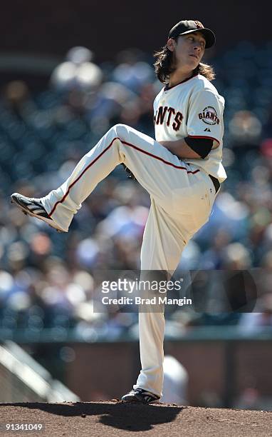 Tim Lincecum of the San Francisco Giants pitches against the Arizona Diamondbacks during the game at AT&T Park on October 1, 2009 in San Francisco,...