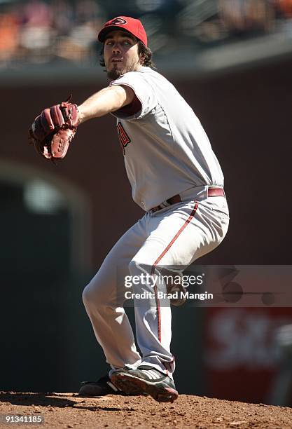 Dan Haren of the Arizona Diamondbacks pitches against the San Francisco Giants during the game at AT&T Park on October 1, 2009 in San Francisco,...