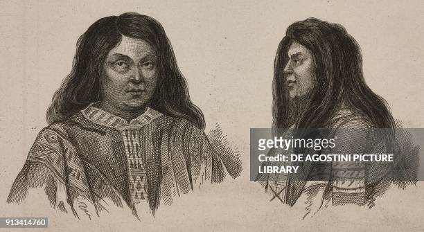 Portrait of a Mapuche woman, Chile, engraving by Vernier from Chili, Paraguay, Buenos-Ayres, by Cesar Famin, Patagonie, Terre-du-Feu e Archipel des...