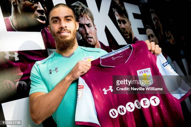 New signing Lewis Grabban of Aston Villa poses for a picture at the club's training ground at Bodymoor Heath on February 02, 2018 in Birmingham,...
