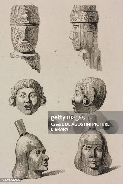 Head of a colossal statue, Aymara ruins in Tiahuanaco near La Paz 2 artifacts from Quechua 3 Ancient vase from Quechua, Bolivia, engraving by Vernier...