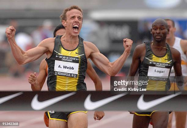 Alan Webb celebrates during meet-record victory of 3:34.82 in the 1,500 meters in the USA Track & Field Championships at Carroll Stadium in...