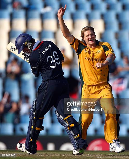 Shane Watson of Australia celebrates the dismissal of Eoin Morgan during The 1st ICC Champions Trophy Semi Final between England and Auustralia at...