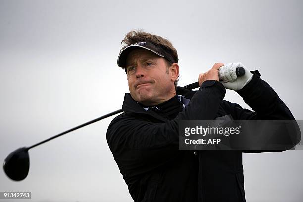 Actor Greg Kinnear watches his drive on the St Andrews Old Course, in St Andrews, in Scotland, on the second day of the Alfred Dunhill Links...