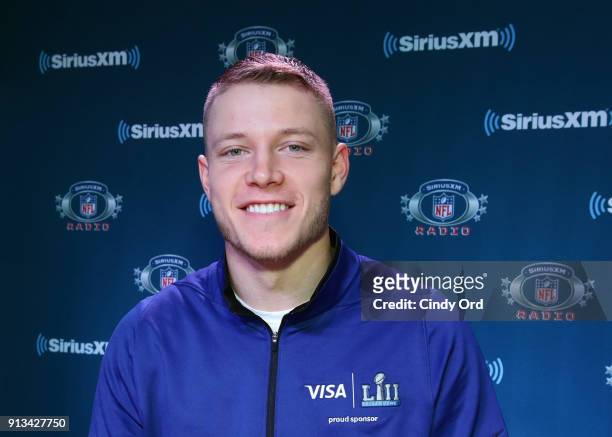 Christian McCaffrey of the Carolina Panthers attends SiriusXM at Super Bowl LII Radio Row at the Mall of America on February 2, 2018 in Bloomington,...